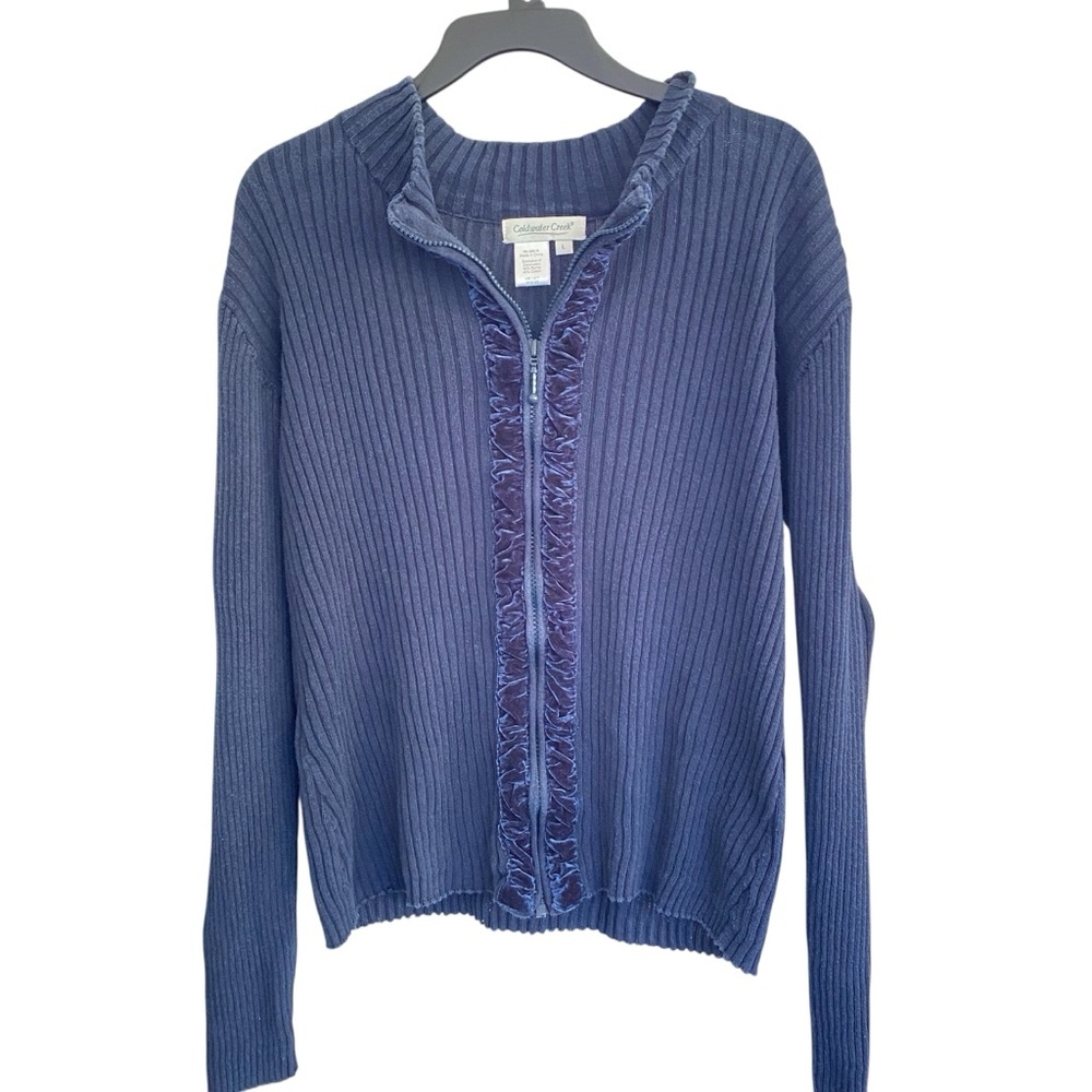 COLDWATER CREEK Zippered Sweater Ruffle LARGE Cotton Ramie Navy Blue Size LARGE